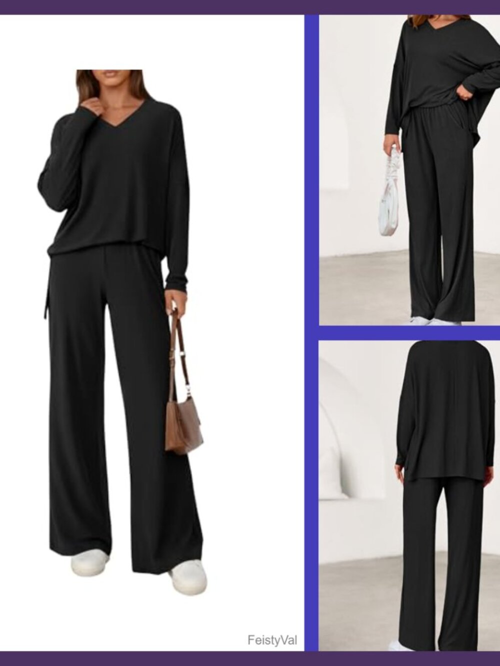 Ribbed Knit Lounge Set Long Sleeve Top Wide Leg Pants 2 Piece